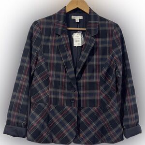 Cato New Frontier Pitch Navy and red plaid Peplum blazer size 12